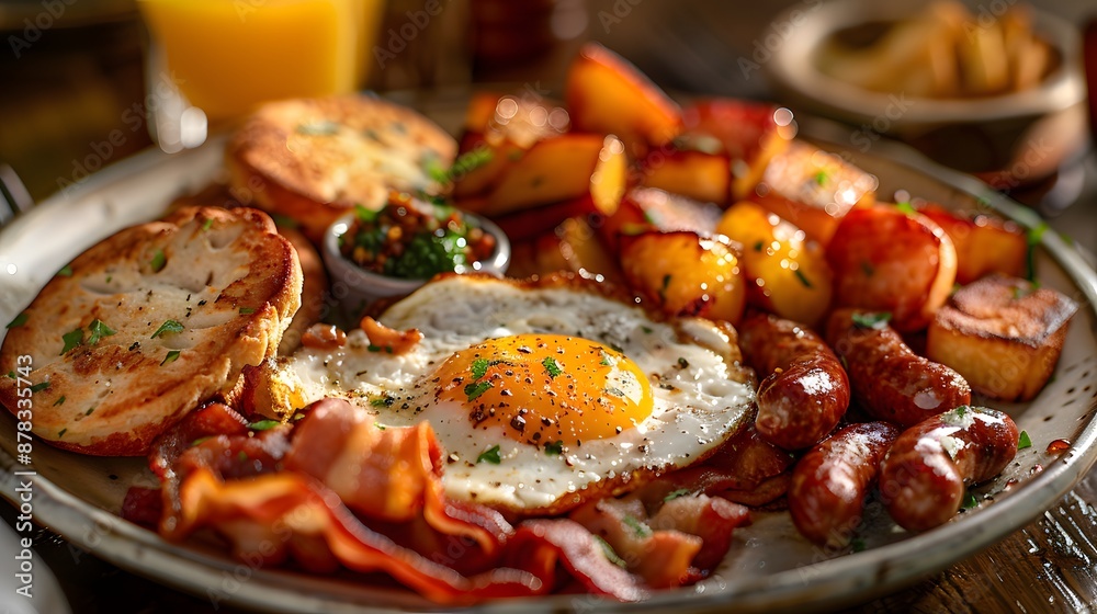 A plate of American breakfast with eggs, bacon and slices of sausage on it, with an egg sunny side up in the center, crispy potatoes around and golden brown. A plate of American breakfast with eggs, bacon and slices of sausage on it, with an egg sunny side up in the center, crispy potatoes around and golden brown.