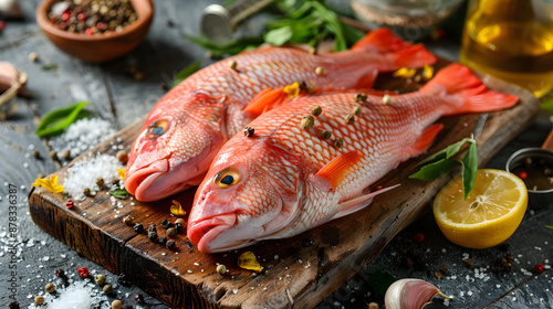 Raw red snapper heads ready for cooking with some spices on wooden cutting board