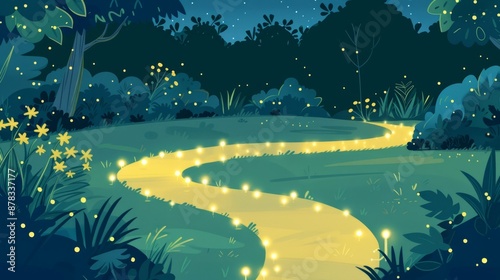 Enchanted Forest Pathway Illuminated by Fireflies at Nighttime