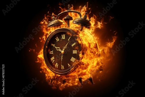 A burning alarm clock engulfed in flames against a black background, depicts the concept of time passing.