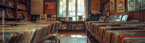 Many records on the shelves in a record store, garage sale