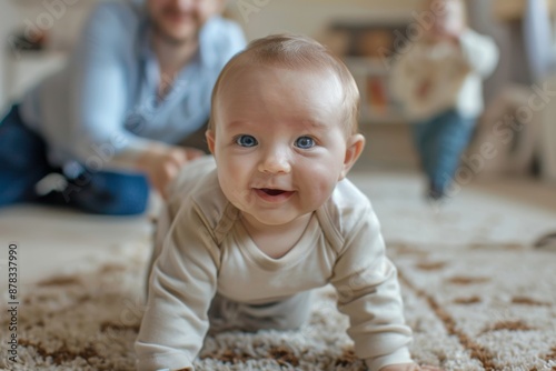 Baby learning first step to walk, father in the background