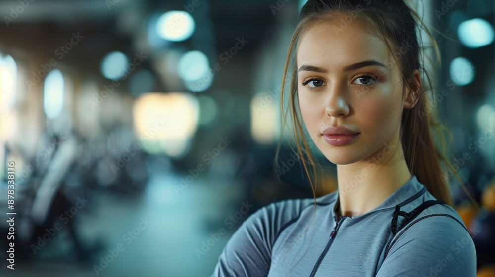 Obraz premium Portrait of a beautiful woman in sportswear looking in the camera with blurred gym on the background and empty copy space