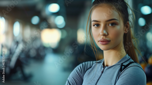Portrait of a beautiful woman in sportswear looking in the camera with blurred gym on the background and empty copy space Free Download Portrait of a beautiful woman in sportswear looking in the camera with blurred gym on the background and empty copy space - GFXLoad
