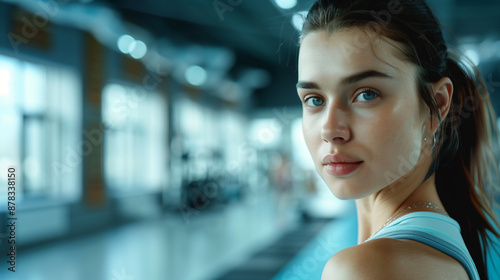 Portrait of a beautiful woman in sportswear looking in the camera with blurred gym on the background and empty copy space Free Download Portrait of a beautiful woman in sportswear looking in the camera with blurred gym on the background and empty copy space - GFXLoad