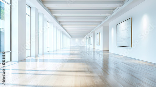 Bright empty hall with white walls and large windows