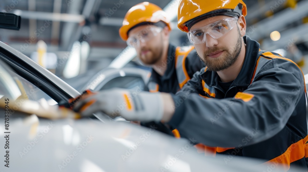 Factory worker inspecting car body in production line. Factory worker inspecting car body in production line.