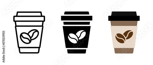 Coffee cup icon. Disposable paper cup with plastic lid vector illustration. Hot drink symbol. Cafe take away coffee with beans print sign. Colored brown beverage mug concept.