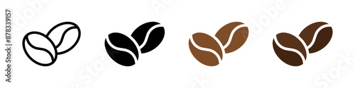Two coffee beans icon set. Espresso vector illustration. Coffee shop logo. Roasted coffee symbol. Hot drink aroma sign.