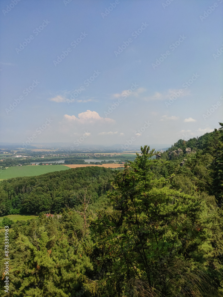 Fototapeta premium A panoramic view of a forested landscape with rolling hills and a blue sky with clouds