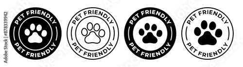 Pet friendly label. Animal friendly icon vector illustration. Dogs and cats allowed emblem, badge, sign, symbol, stamp or seal. Animal paw circle logotype.