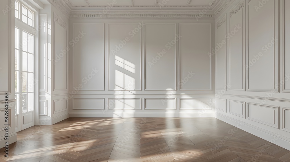 Obraz premium Empty room featuring pristine white walls with subtle shadow detailing, crisp white crown moulding, and smooth white panelled walls, a polished light oak wood floor.