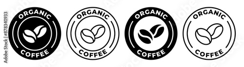 Organic coffee label. Natural coffee icon vector illustration. 100 arabica and robusta beans emblem, badge, sign, symbol, stamp or seal. Coffee shop circle logotype.
