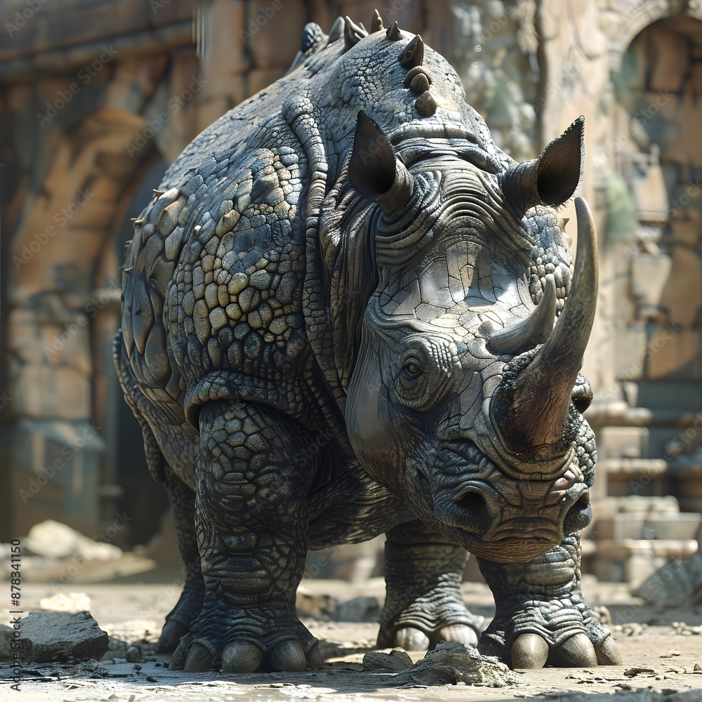 Fototapeta premium Majestic Rhinoceros in a Ruined Urban Landscape