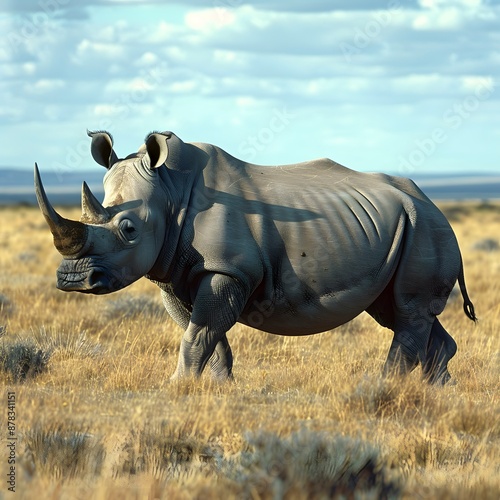 Majestic Rhinoceros Roaming the Grasslands Under a Cloudy Sky © Valentin