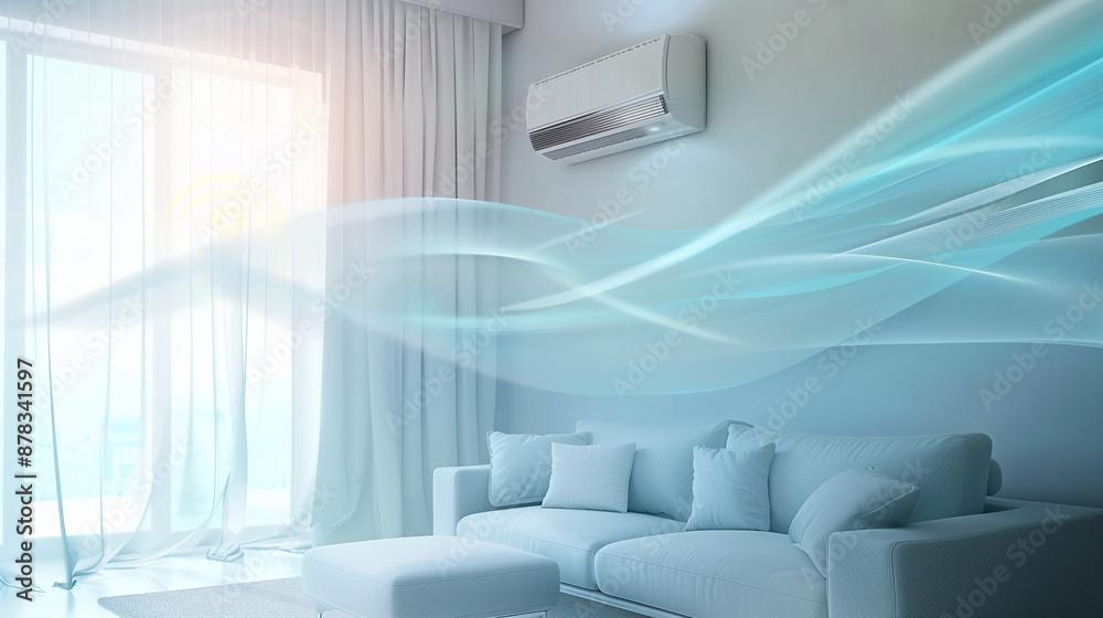 Fototapeta premium Blue waves of fresh clean air in the apartment, Air conditioner, Fresh scent and air filtration effect