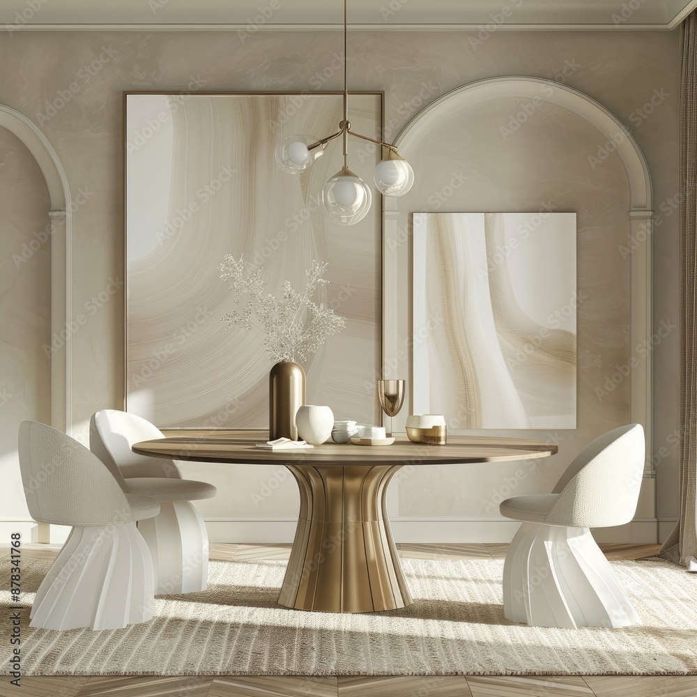 A chic dining room with three-dimensional wall art and a round pedestal table in brushed brass finish A chic dining room with three-dimensional wall art and a round pedestal table in brushed brass finish