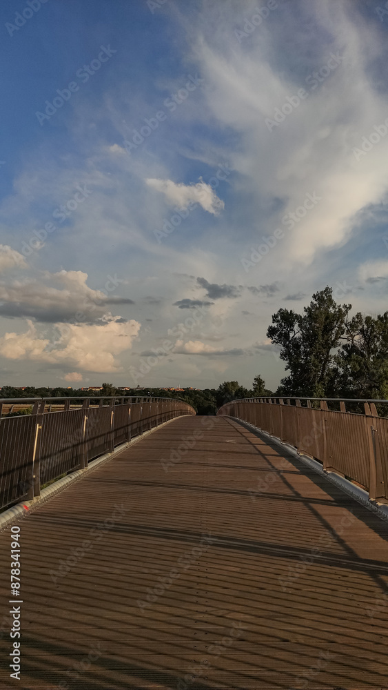 Obraz premium A view down a wooden bridge, with green trees and a blue sky with white clouds in the background