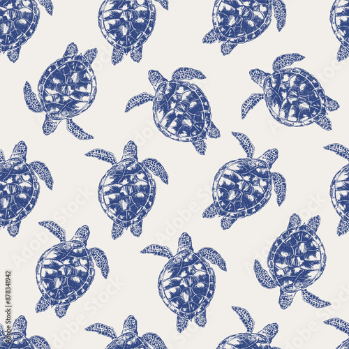 Vector sea animals seamless pattern. Sea turtle in blue on white