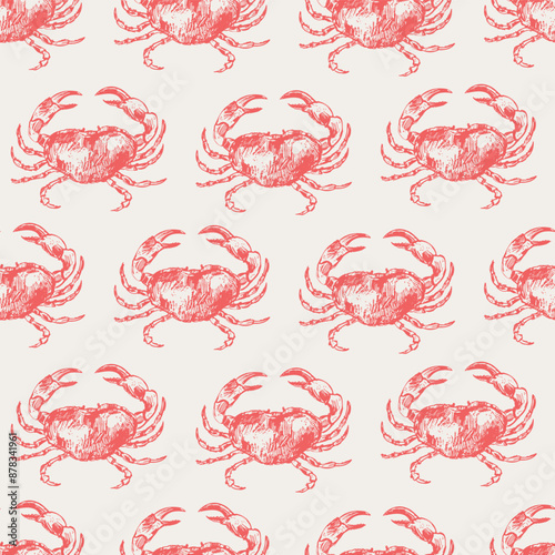 Vector sea animals seamless pattern. Ocean crab in red on white.