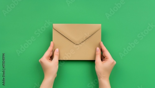 Holding an unopened envelope.