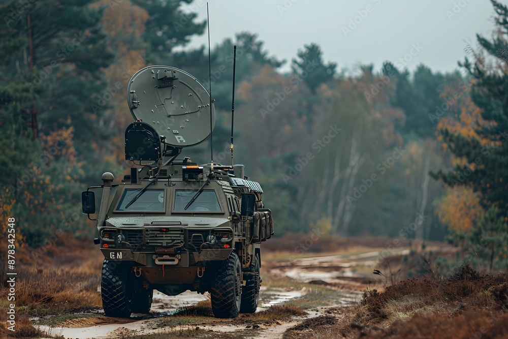 Fototapeta premium Military Communication Vehicle in a Forested Terrain