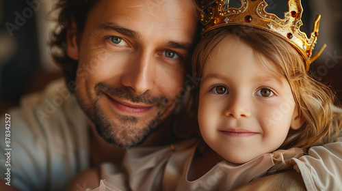 Minimalist photo of father and daughter in dress-up, with her as a princess and him as a king, highlighting imaginative play.

