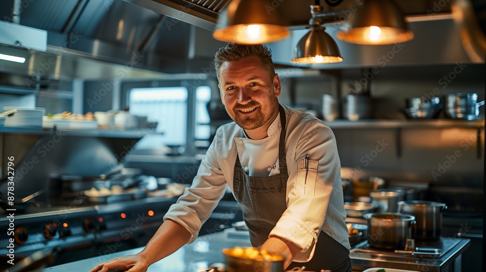 A smiling chef stands in a kitchen with apron on and a smile on his face A smiling chef stands in a kitchen with apron on and a smile on his face