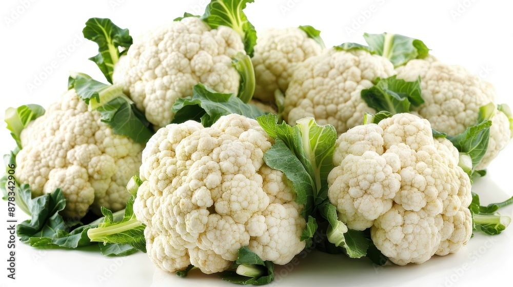 White cauliflower florets with green leaves isolated on white background White cauliflower florets with green leaves isolated on white background