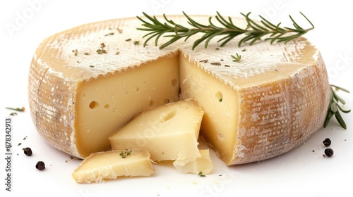 A wheel of cheese with a rosemary sprig on top
