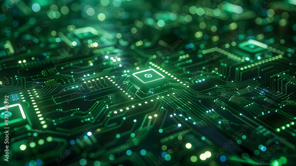 Intricate green circuit board backdrop with vibrant, pulsating connections and nodes, representing innovation and advanced computing. Intricate green circuit board backdrop with vibrant, pulsating connections and nodes, representing innovation and advanced computing.