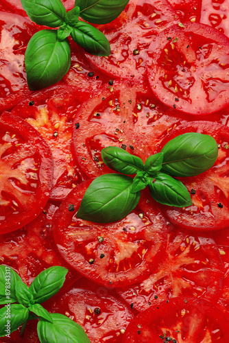 Tomato slices and basil, top view