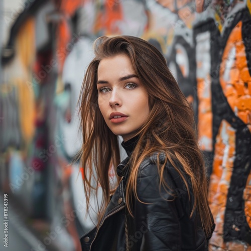 Stylish Young Woman on City Street Providing Abstract Lifestyle Wallpaper or Fashion Magazine Background for Beauty and Outfit Blogger Seasonal Marketing Campaign. Ideal for Bestsellers. High-Resolut