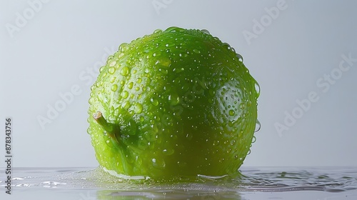 A photo of a single green lime on a wet surface with water droplets on its skin.