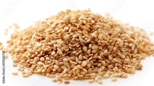 Tiny beige sesame seeds isolated on white background.