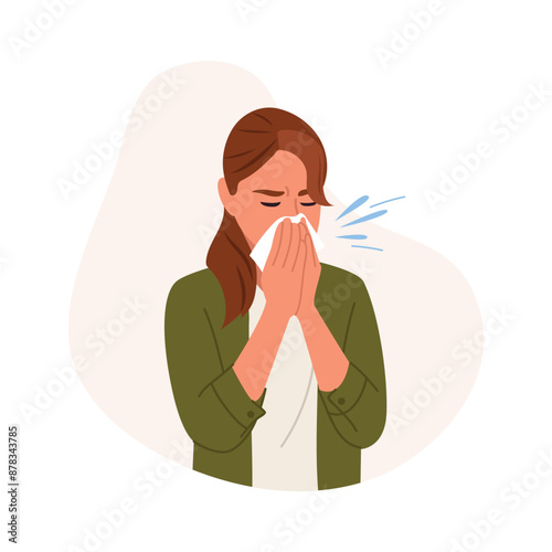 Vector illustration of a girl sneezes with splashes.Cartoon scene of a young girl with a cold sneezing into a white paper tissue, wearing a light t-shirt, a khaki shirt isolated on a white background.