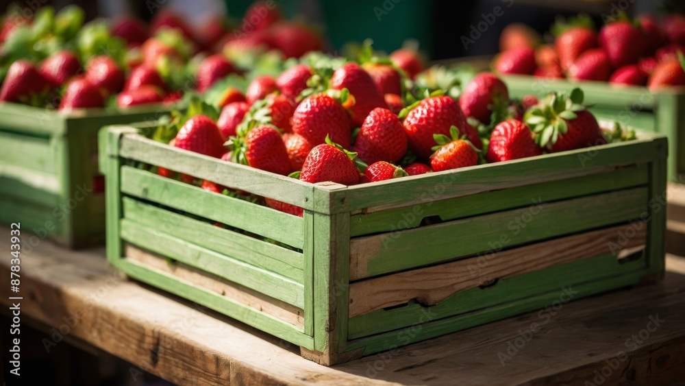 Fresh ripe strawberries in green wooden crate at fruit market Fresh ripe strawberries in green wooden crate at fruit market