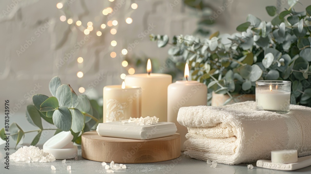 Spa setup with candles soap towel and eucalyptus branch on table Spa setup with candles soap towel and eucalyptus branch on table