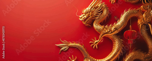 Golden dragon ornament with red lantern on red background © BraveSpirit