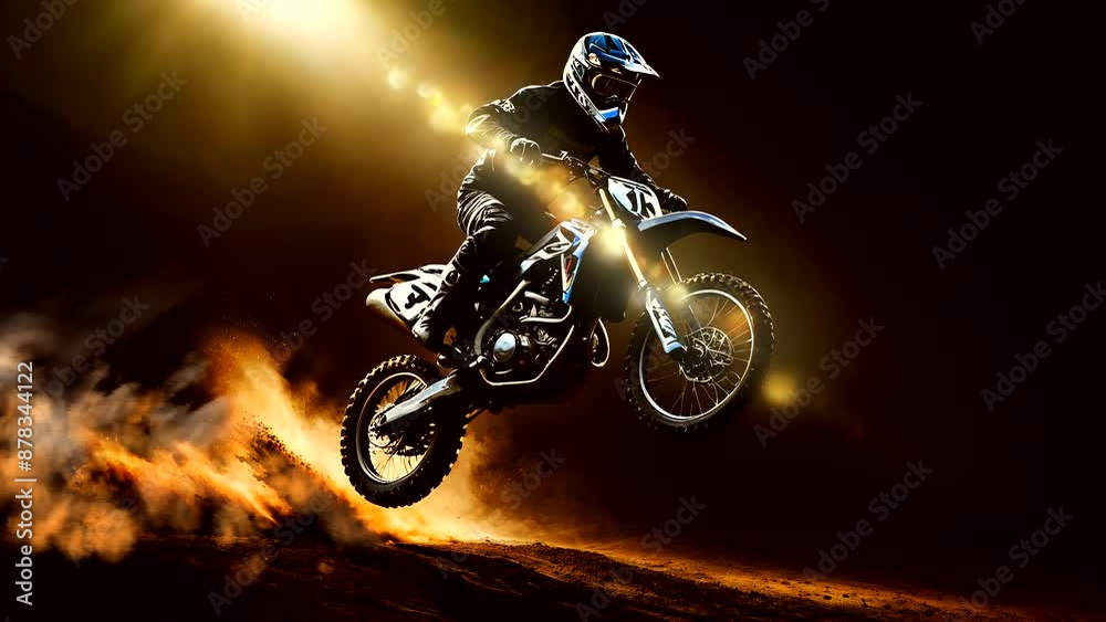 Motocross rider jumps with sunlight and smoke, black background seamless looping animation time lapse 4k video