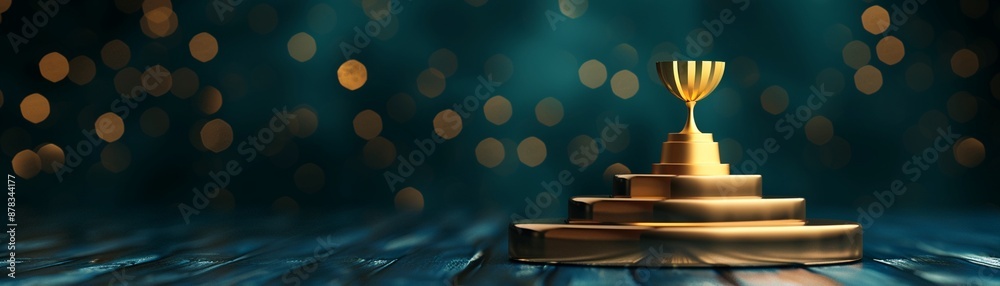 Capture the essence of success with a podium under spotlight, adorned with awards and accolades against a dark background Capture the essence of success with a podium under spotlight, adorned with awards and accolades against a dark background