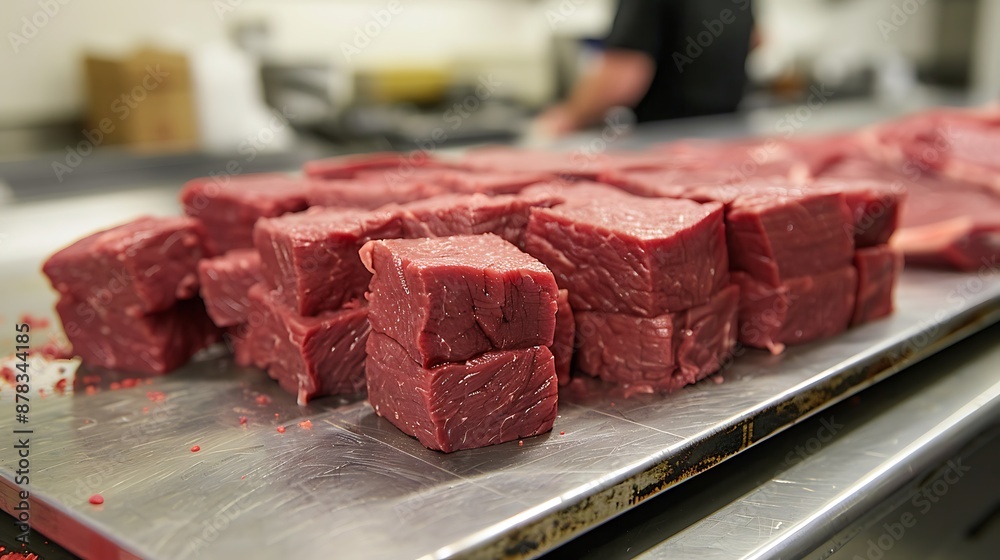 Large rectangular chunks of raw beef on a separating board Large rectangular chunks of raw beef on a separating board
