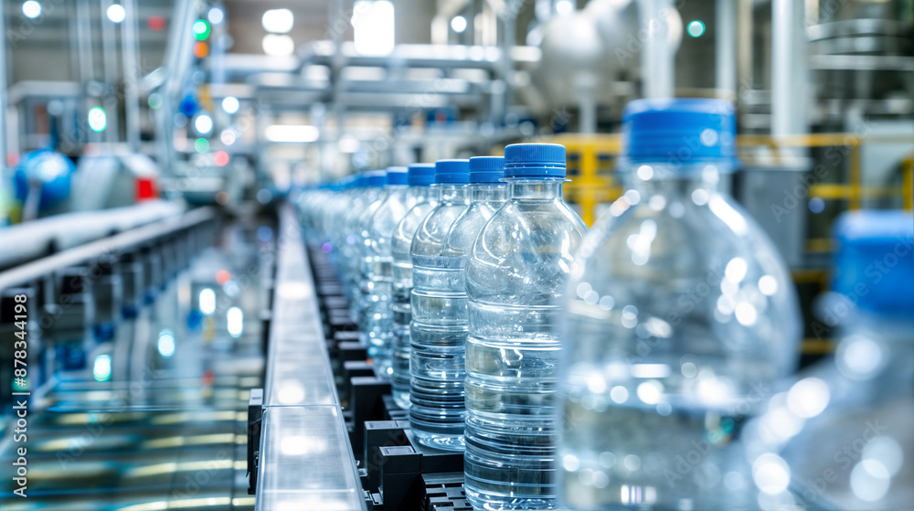 Close-Up of Clear Water Bottles Moving on an Automated Conveyor Belt in a High-Tech Industrial Setting Close-Up of Clear Water Bottles Moving on an Automated Conveyor Belt in a High-Tech Industrial Setting