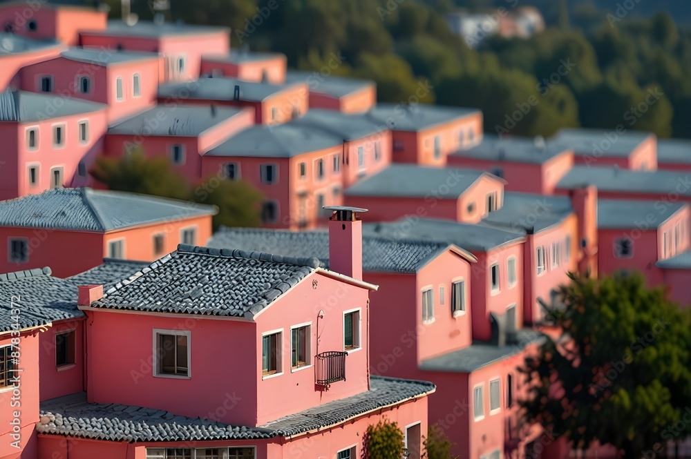 Row of pink houses with tiled roofs in scenic neighborhood Row of pink houses with tiled roofs in scenic neighborhood