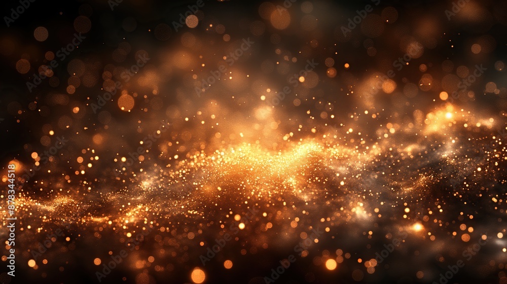 Blurry gold dust particles scattered on a black background, creating a shimmering effect Blurry gold dust particles scattered on a black background, creating a shimmering effect