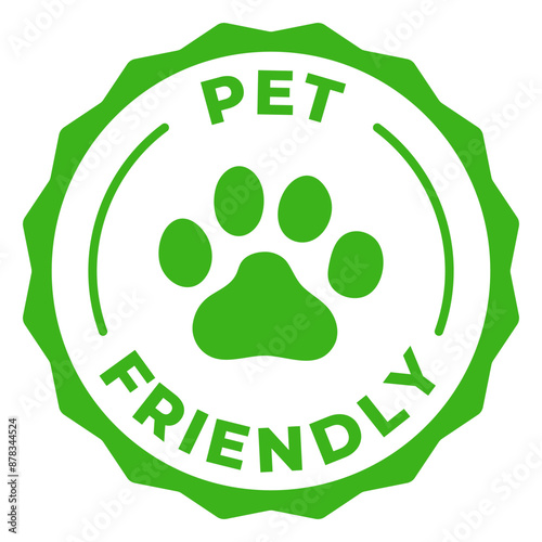 Pet friendly green label. Animal friendly icon vector illustration. Dogs and cats allowed green emblem badge, sign, symbol, stamp or seal. Animal paw circle logotype.
