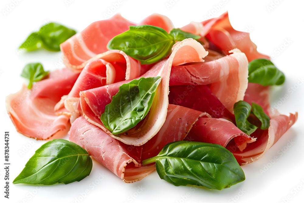 Fresh Prosciutto and Basil Leaves Arrangement Fresh Prosciutto and Basil Leaves Arrangement