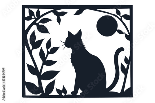 Cat with Leaves Card Paper Cut Vector