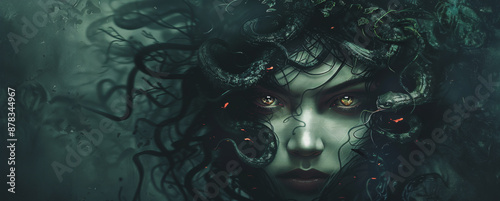 Close up portrait of medusa with snakes in her hair
