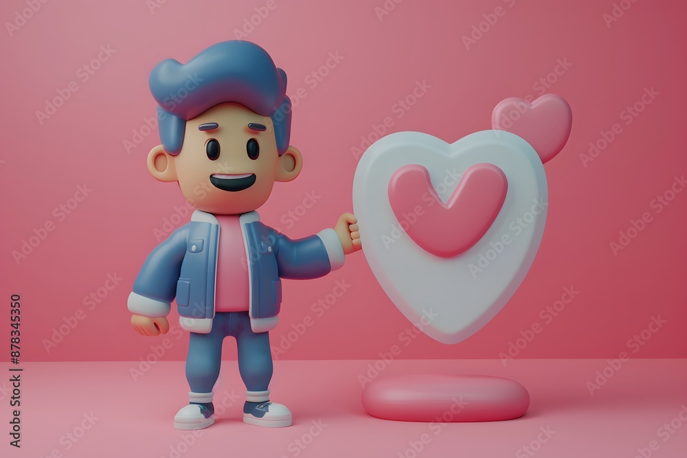 Cute 3D Character with Heart-Shaped Decoration on Pink Background Cute 3D Character with Heart-Shaped Decoration on Pink Background